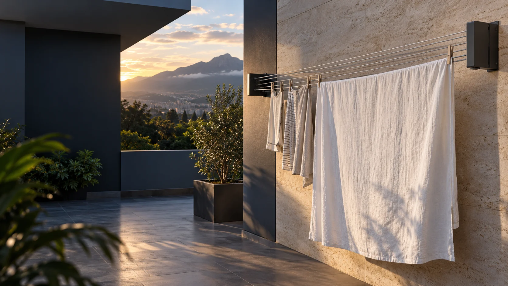 Tendedero de pared integrado en una terraza contemporánea